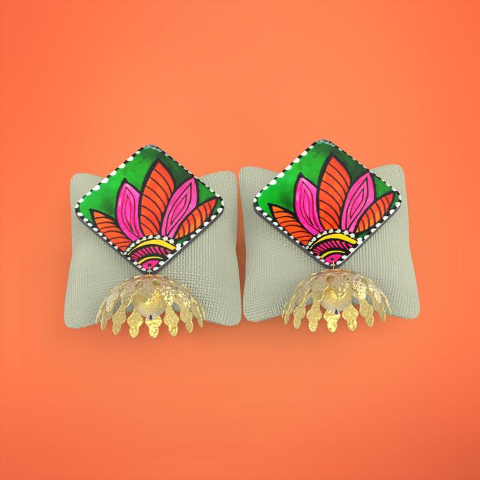 Wooden Square Jhumkas with Floral Artwork