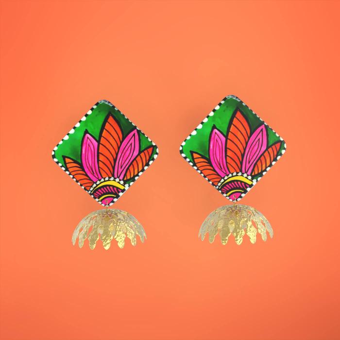 Wooden Square Jhumkas with Floral Artwork
