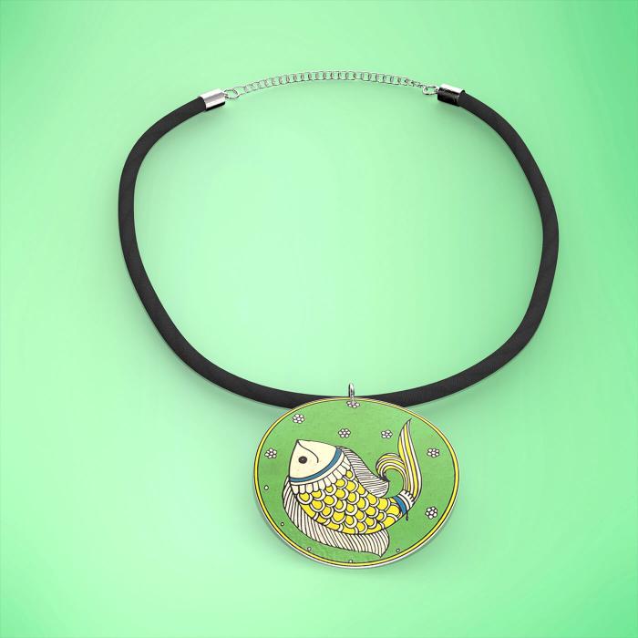 Hand-painted Leather Chain in Green & Yellow Fish Artwork - Zwende