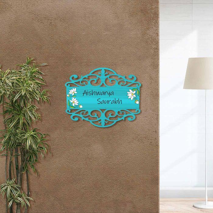 Teal Madhubani Name Plate With White Lotus Design - Mounted on Entryway Wall