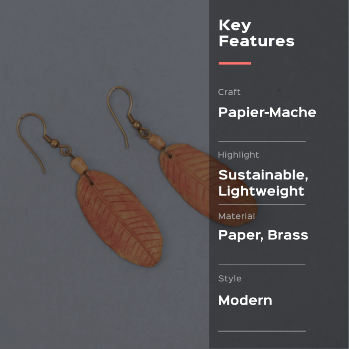 Papier-Mache Earrings - Oblong Leaf - Orange