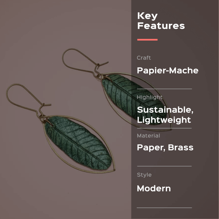 Papier Mache Oblong Leaf Earrings - Green
