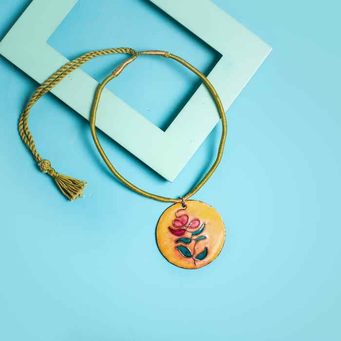 Copper Enamel Pendant - Circle - Yellow Tree