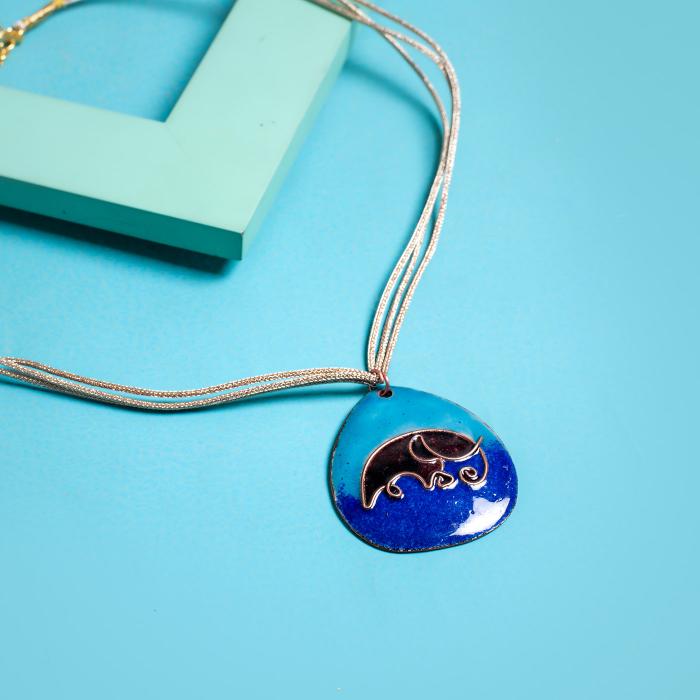 Copper Enamel Pendant - Blue - Elephant