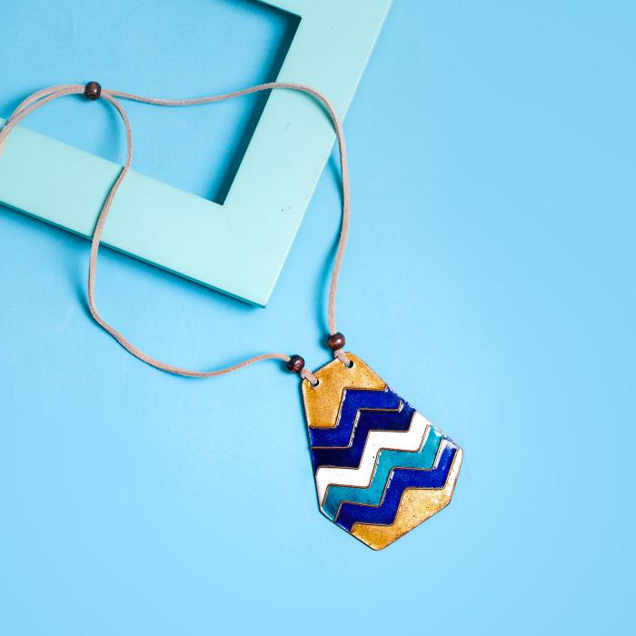 Copper Enamel Pendant - Hexagon - Blue