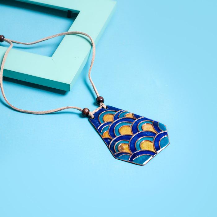 Copper Enamel Pendant - Waves - Blue