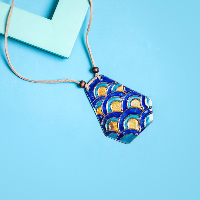 Copper Enamel Pendant - Waves - Blue