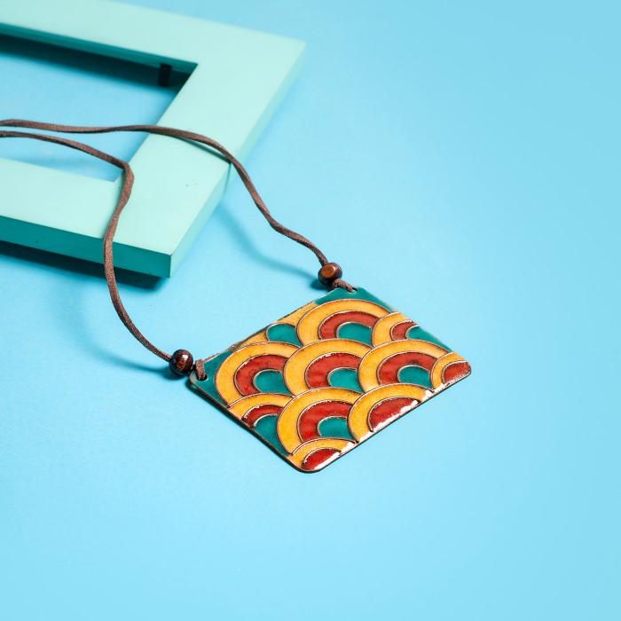 Copper Enamel Pendant - Rectangle - Multicolour Waves
