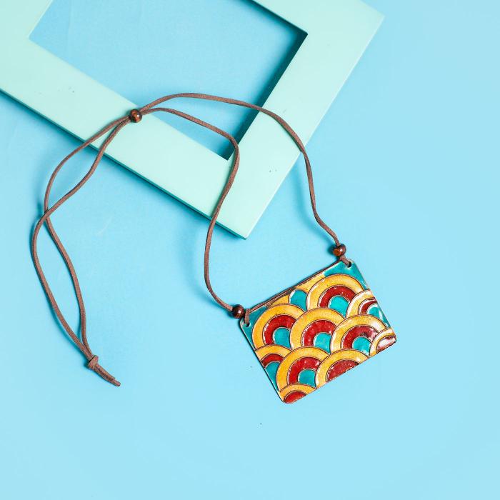Copper Enamel Pendant - Rectangle - Multicolour Waves