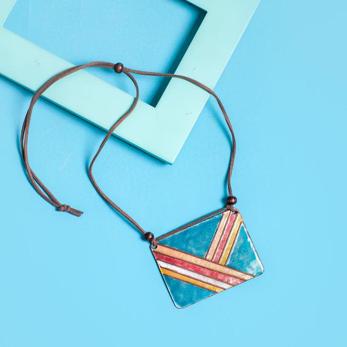 Copper Enamel Pendant - Rectangle - Blue