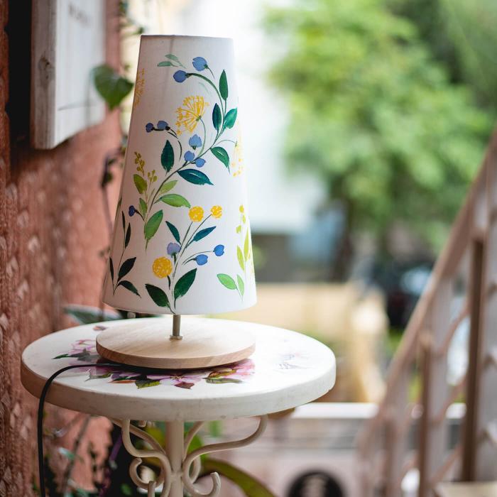 Yellow Floral Lamp on Wooden Base